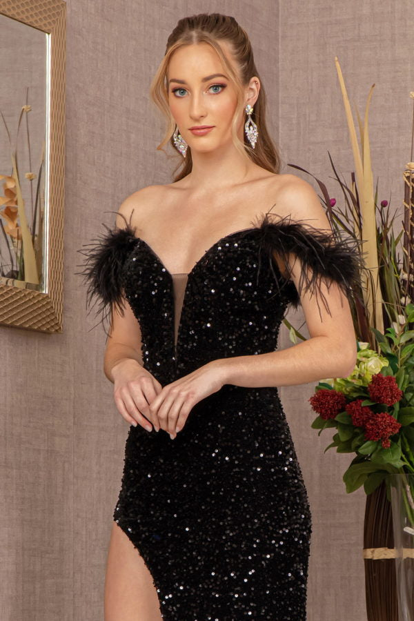 Black_2 Sequin Cut-away Shoulder Mermaid Slit Women Formal Dress - GL3149 - Special Occasion-Curves