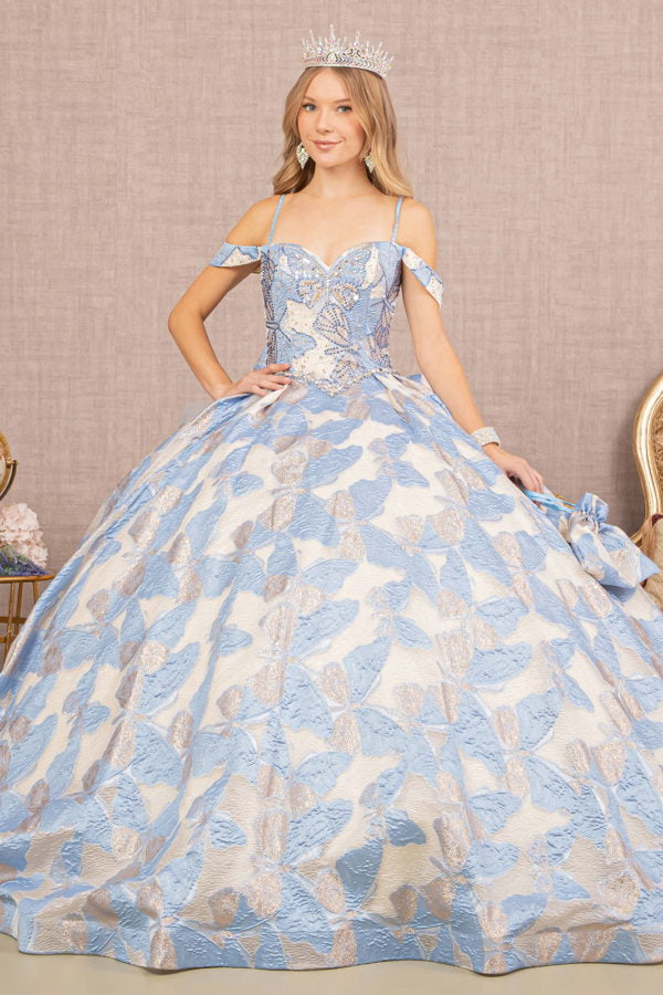 Blue Glitter Cut-Away Shoulder Sweetheart Neck Quinceanera Dress - GL3174