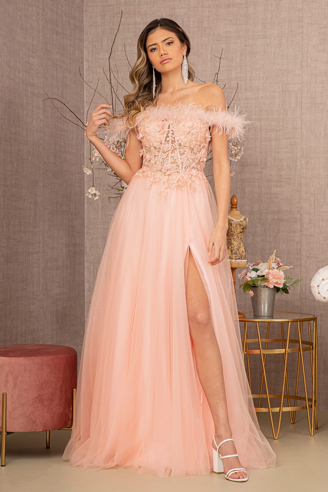 Blush Embroidery Sheer Front A-line Dress GL3138 - Women Formal Dress - Special Occasion-Curves