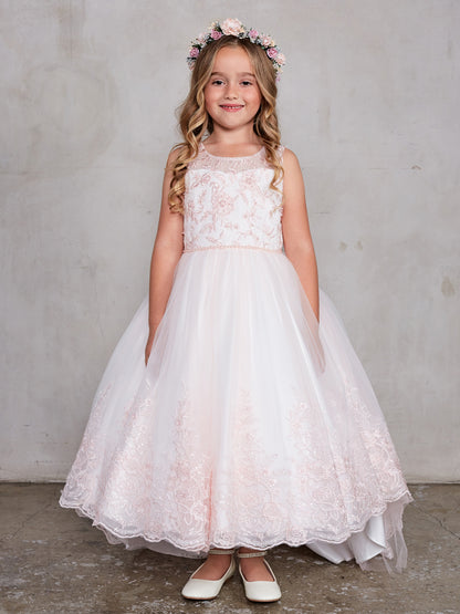 Blush Girl Dress with Beautiful Illusion Neckline Dress - AS5797