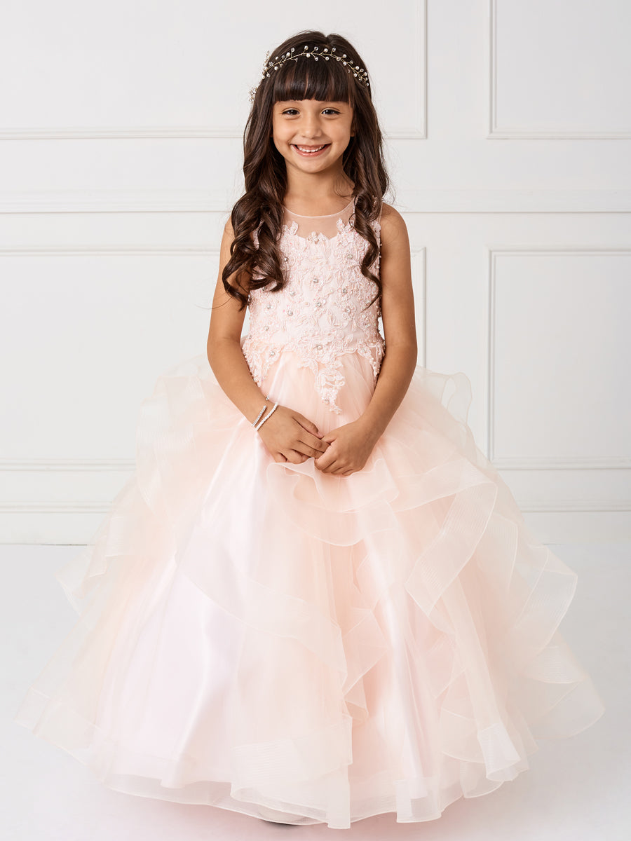 Blush Girl Dress with Sleeveless Illusion Neckline Pageant Dress - AS7018