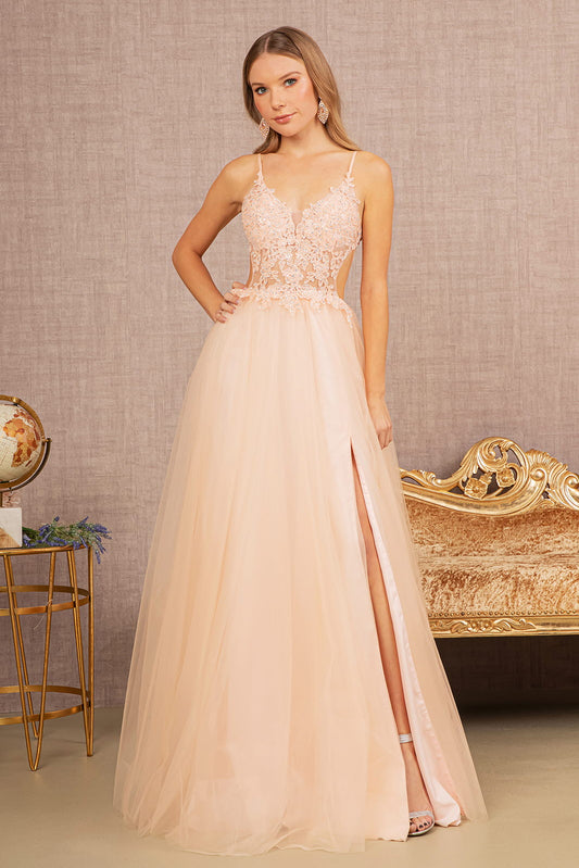 Blush Illusion V-Neck A-Line Slit Women Formal Dress - GL3152 - Special Occasion-Curves