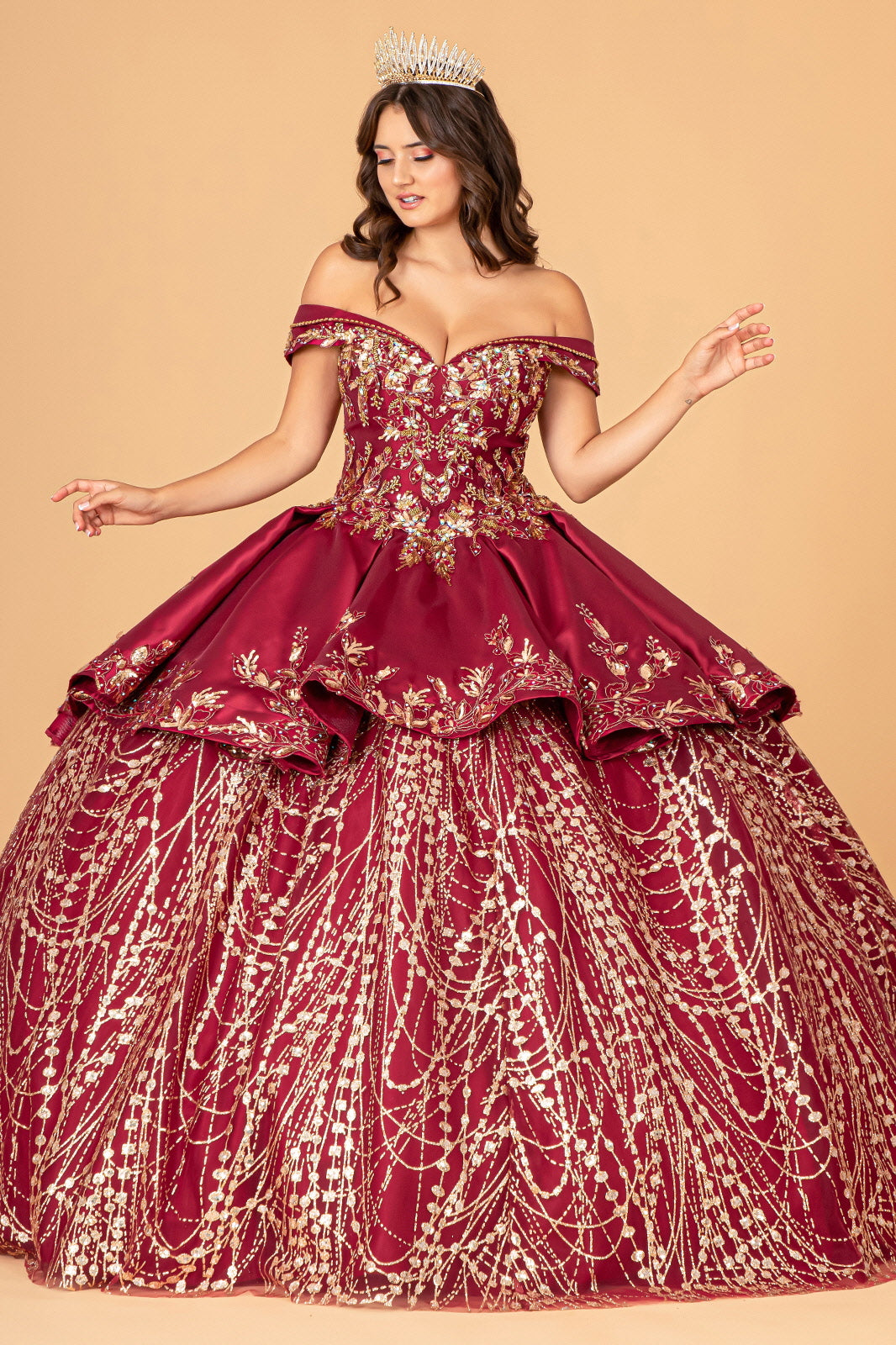 Burgundy-gold GL3098 - Satin Off-Shoulder Sweetheart Neckline Quinceanera Dress