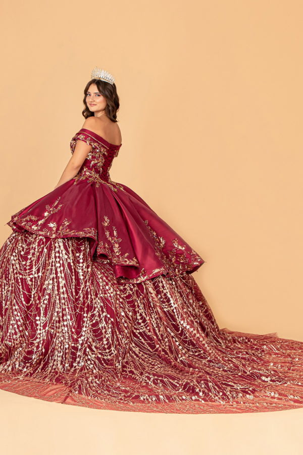 Burgundy-gold_1 GL3098 - Satin Off-Shoulder Sweetheart Neckline Quinceanera Dress