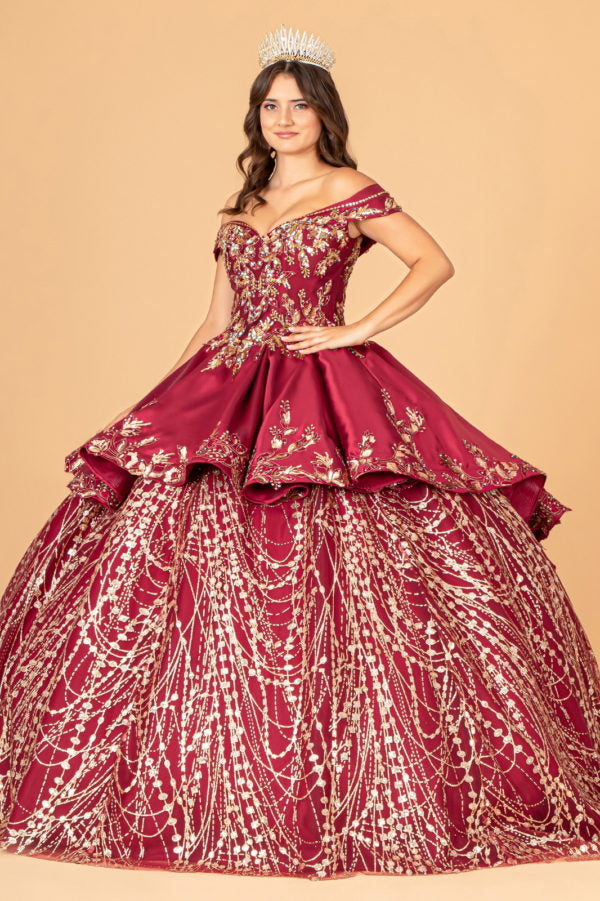 Burgundy-gold_2 GL3098 - Satin Off-Shoulder Sweetheart Neckline Quinceanera Dress