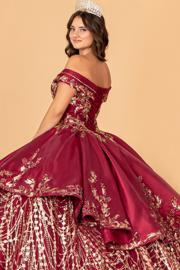 Burgundy-gold_7 GL3098 - Satin Off-Shoulder Sweetheart Neckline Quinceanera Dress