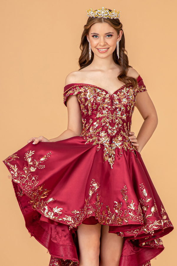 Burgundy-gold_8 GL3098 - Satin Off-Shoulder Sweetheart Neckline Quinceanera Dress