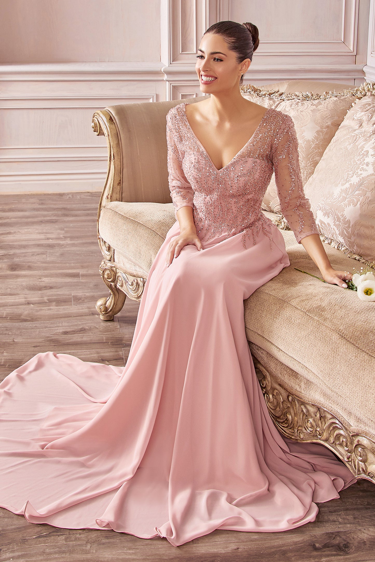 Flowy Chiffon 3/4 Sleeves Beaded Gown by Cinderella Divine - CD0171 - Special Occasion/Curves