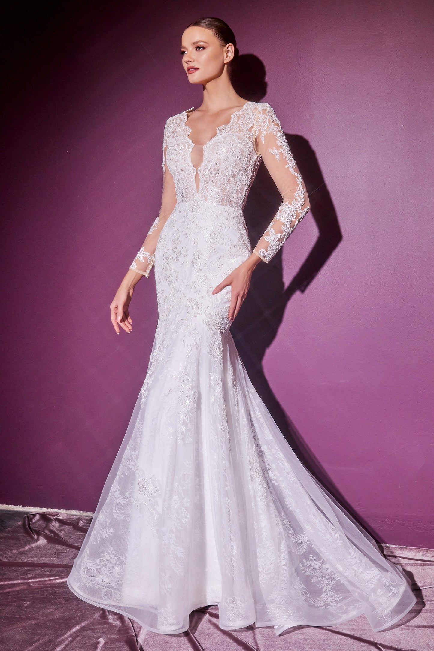 Long Sleeves Layered Lace Mermaid Bridal Gown by Cinderella Divine CD951W