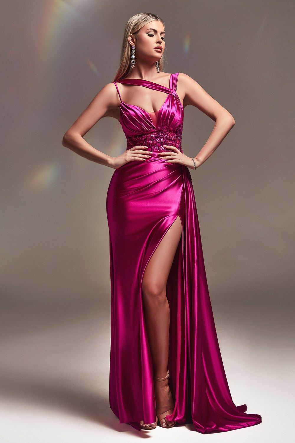 Sexy Satin Dress with Floral Lace Applique & Draping - Women Formal Gown By Ladivine CDS415 - Special Occasion