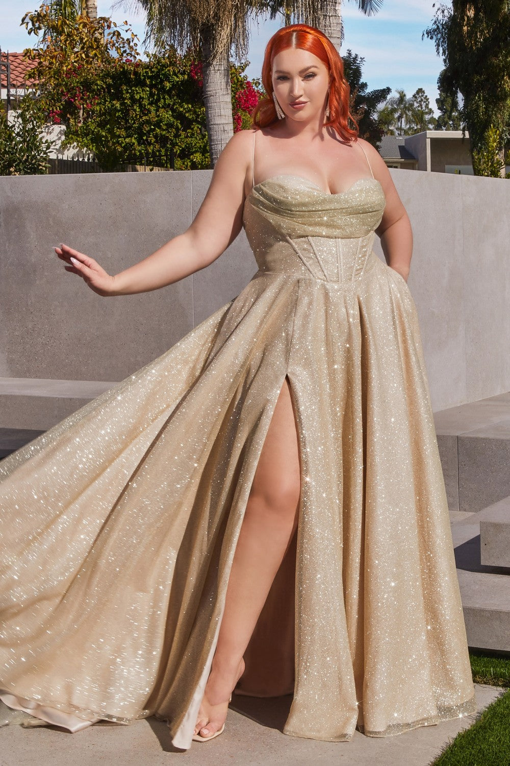 Champagne-gold Glitter A-Line Slit Gown CD252C - Women Evening Formal Gown - Curves