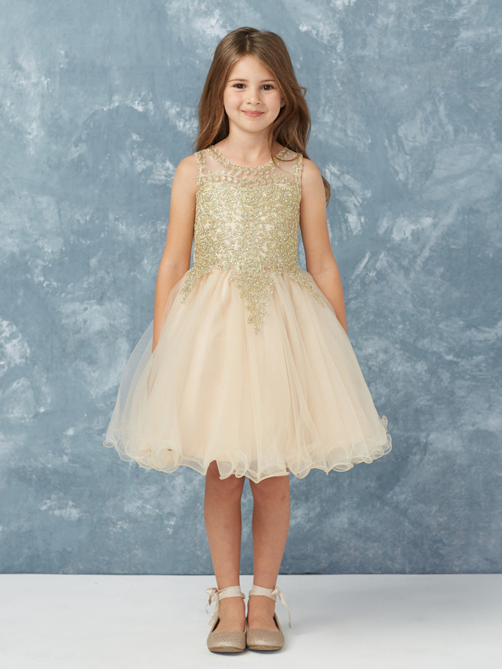 Champagne Girl Dress with Floral Applique Bodice - AS7013