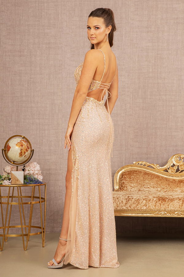 Champagne_1 Sequin V-Neck Sheer Bodice Mermaid Slit Women Formal Dress - GL3151 - Special Occasion-Curves