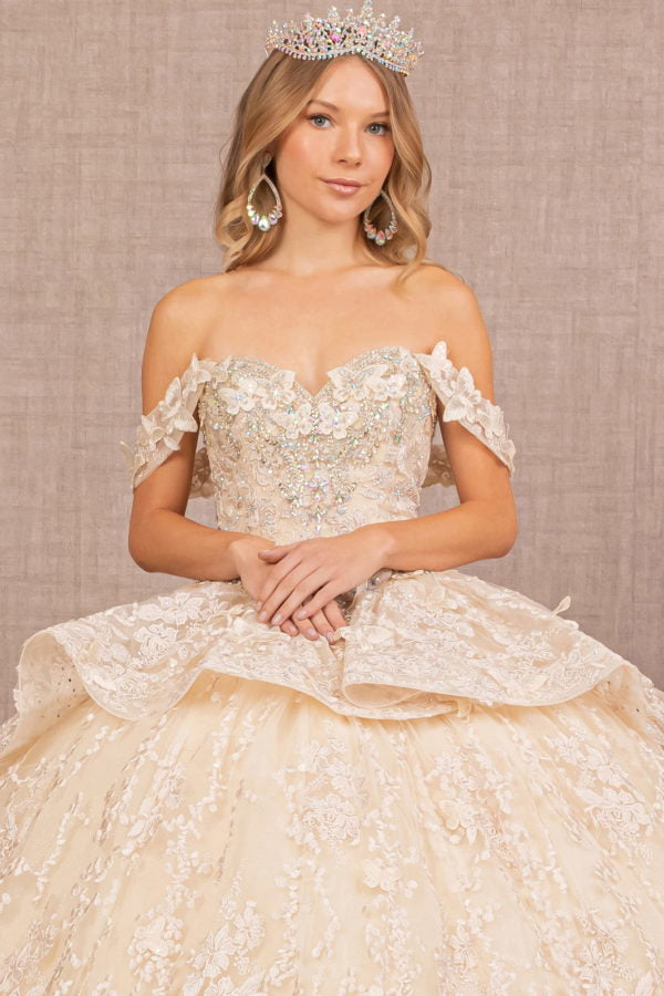 Champagne_3 Jewel 3-D Butterfly Applique Sweetheart Quinceanera Dress - GL3112