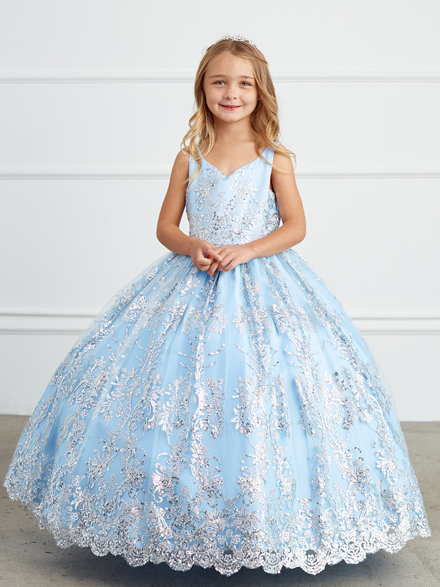 Dusty Blue Girl Dress with Glitter Tulle Overlay Dress - AS7036