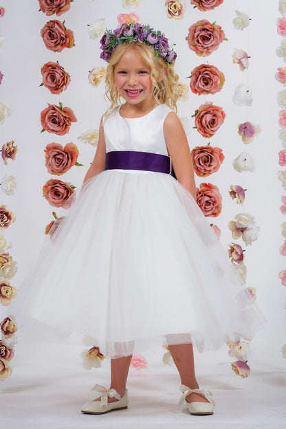 Eggplant Girl Dress - Ivory Satin Sash Bow Girl Dress - AS411 Kids Dream