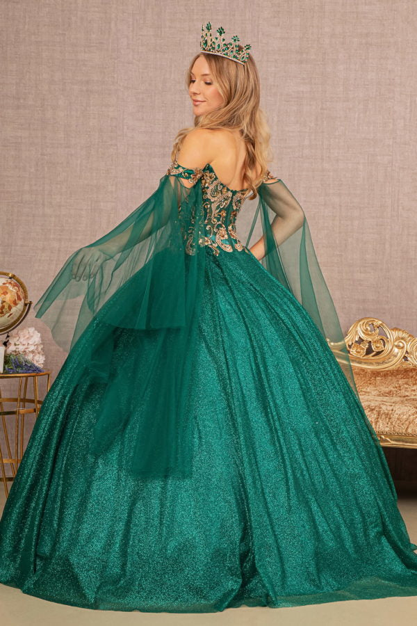 Emerald Green_1 GL3139 - Glitter Sheer Bodice Sweetheart Neckline Quinceanera Dress