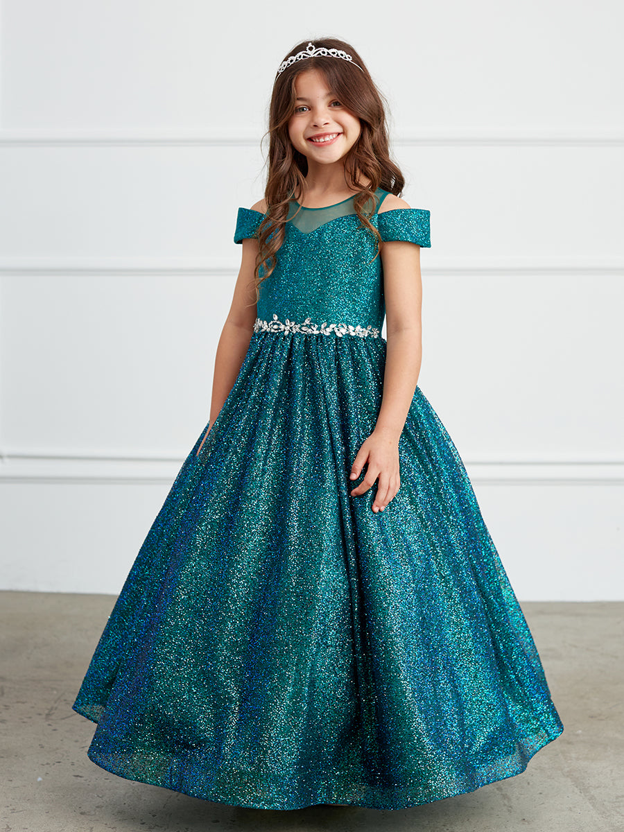 Emerald_1 Girl Dress with Glitter Illusion Neckline - AS7029