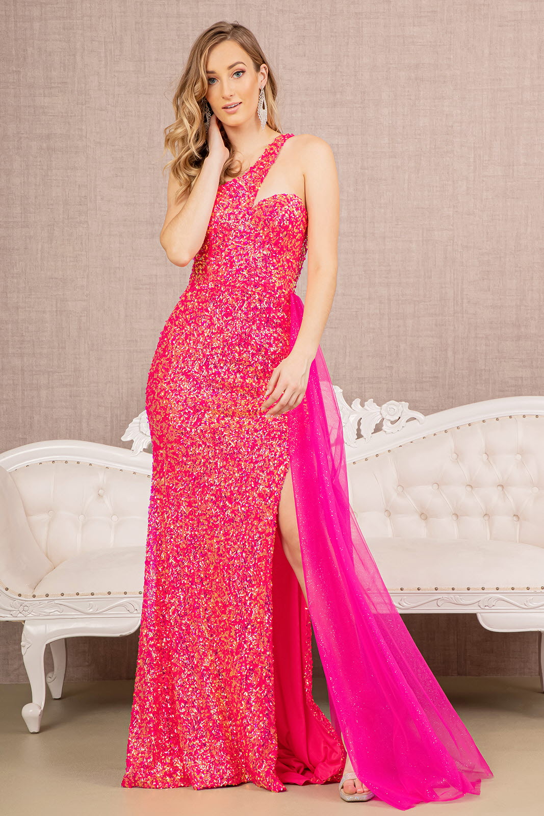 Fuchsia Sequin Glitter Asymmetric Mermaid Women Formal Dress - GL3133 - Special Occasion-Curves