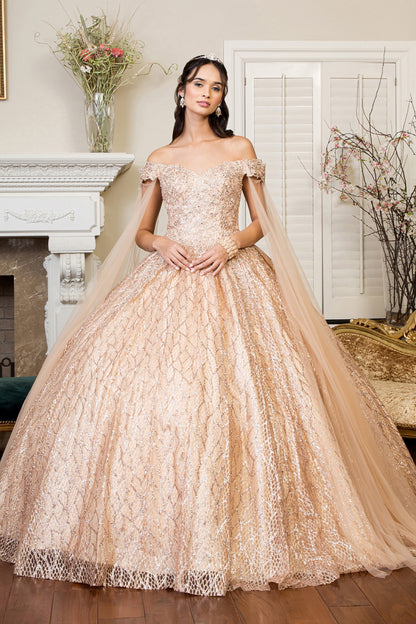 Gold Elizabeth K - GL1926 - Mesh Off-Shoulder Glitter Quinceanera Dress