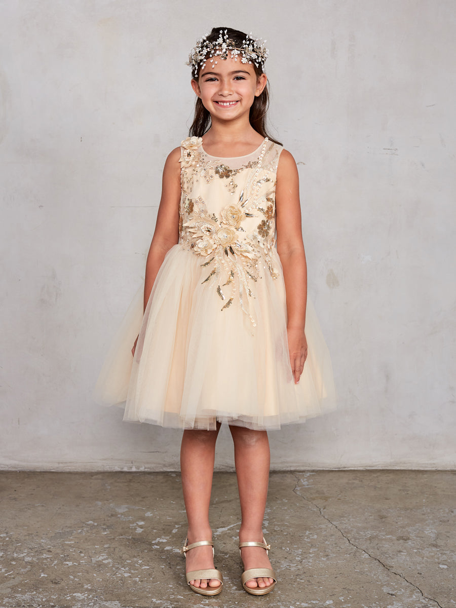 Gold Girl Dress with Flowers Rhinestone Bodice - AS7027