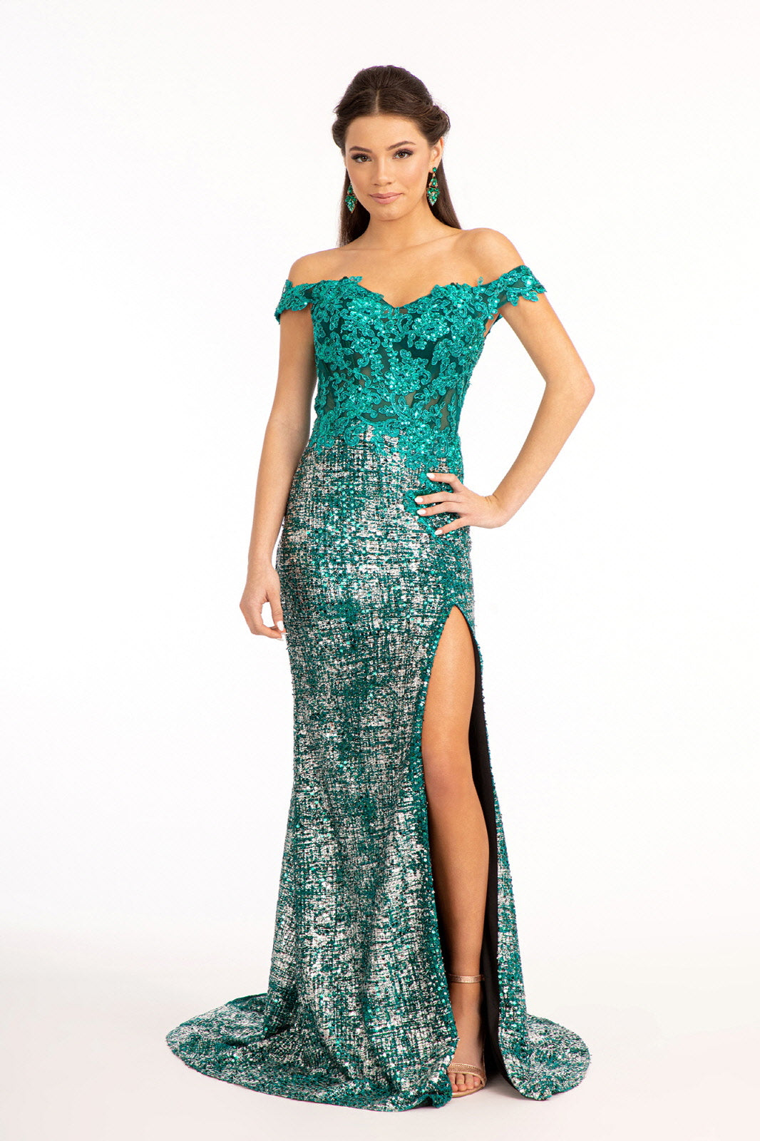 Green Sheer Bodice Cut-Away Shoulder Women Formal Dress - GL3024 - Special Occasion-Curves