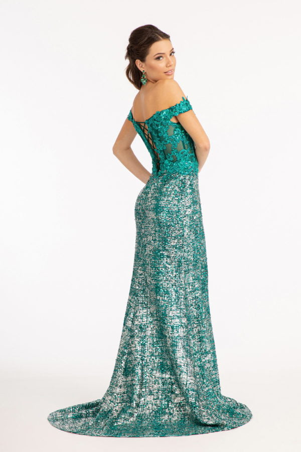 Green_1 Sheer Bodice Cut-Away Shoulder Women Formal Dress - GL3024 - Special Occasion-Curves