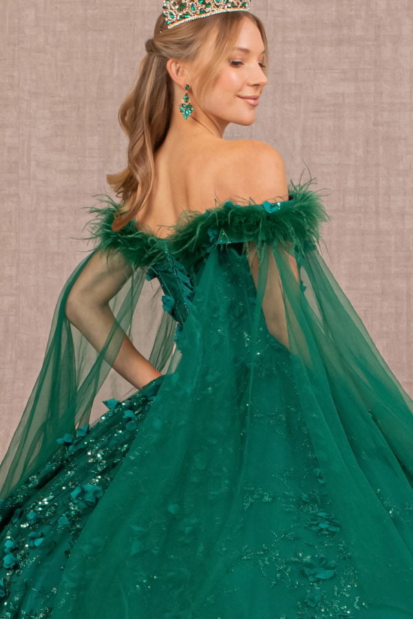 Green_2 GL3101 - Feather Embellishment Off-Shoulder Quinceanera Dress