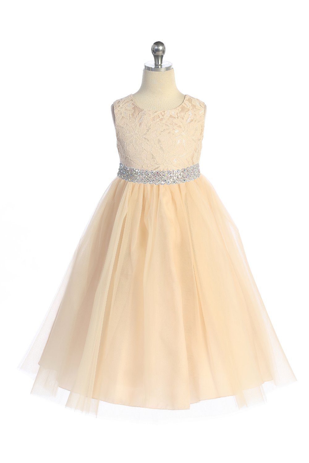 Long Lace Illusion with Thick Rhinestone Trim Girl Party Dress by AS524-E Kids Dream - Girl Formal Dresses