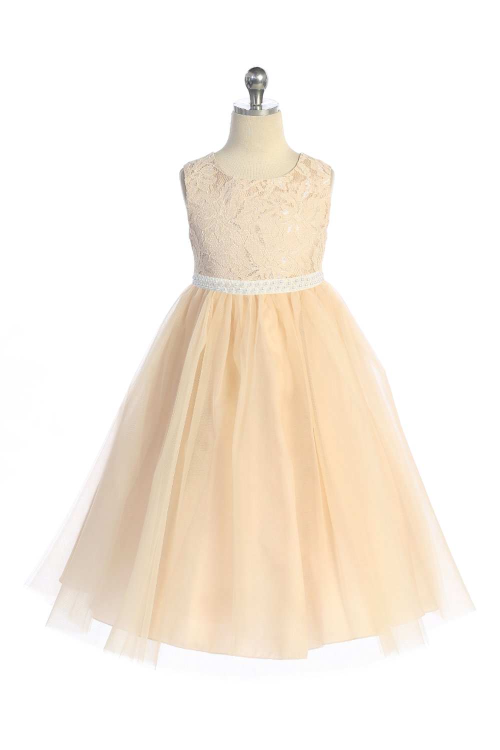 Long Lace Illusion with Thick Pearl Trim Girl Party Dress by AS524C Kids Dream - Girl Formal Dresses