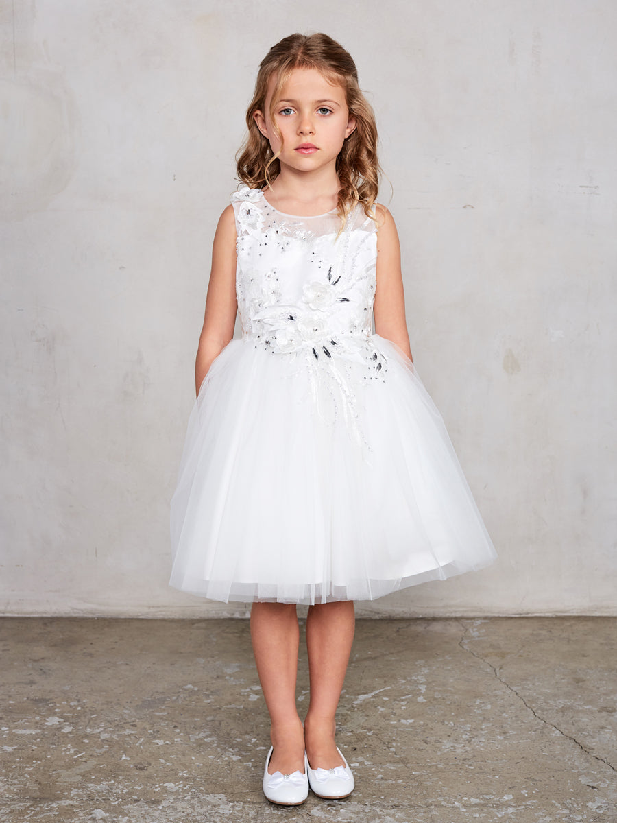 Ivory Girl Dress with Flowers Rhinestone Bodice - AS7027