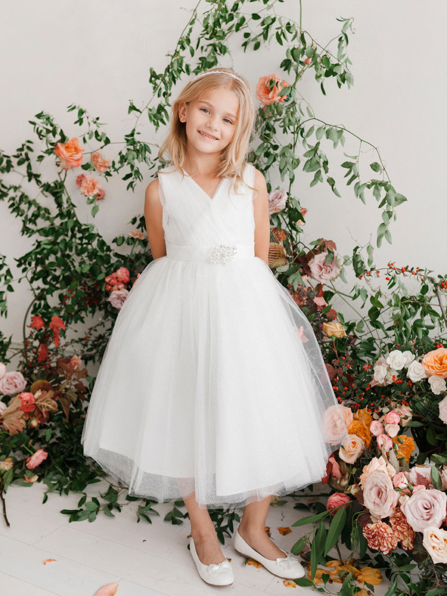 Ivory Girl Dress with Glitter V-Neck Tulle Dress - AS5698