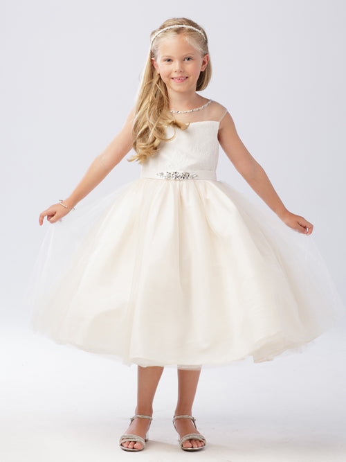 Ivory Girl Dress with Illusion Neckline Dress - AS5712