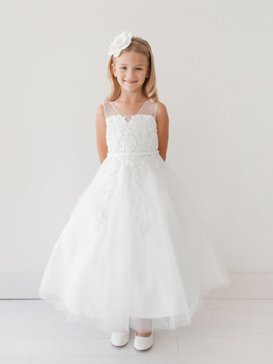 Ivory Girl Dress with Lace V-Neckline Bodice - AS5719