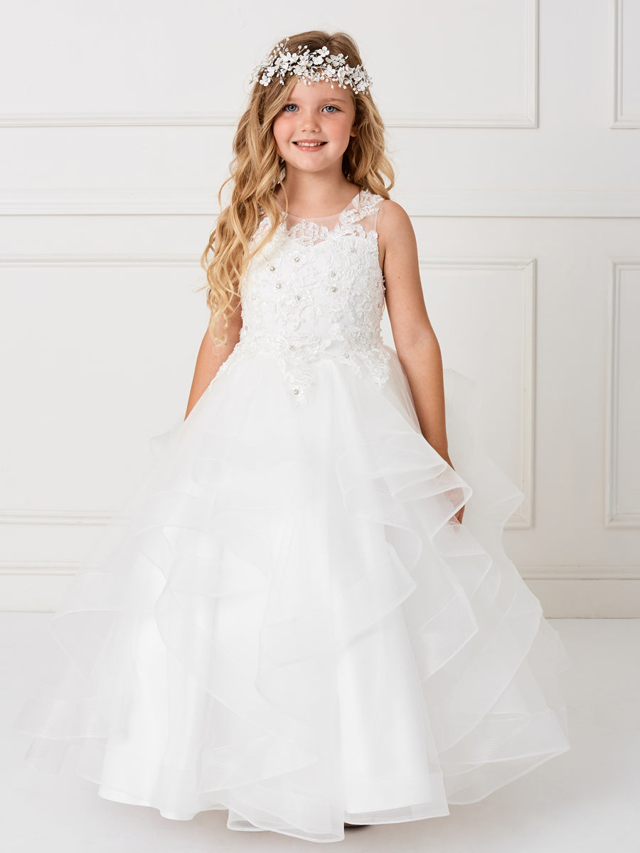 Ivory Girl Dress with Sleeveless Illusion Neckline Pageant Dress - AS7018