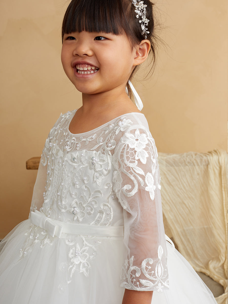 Ivory_1 Girl Dress with Illusion Neckline and Applique Dress - AS5830