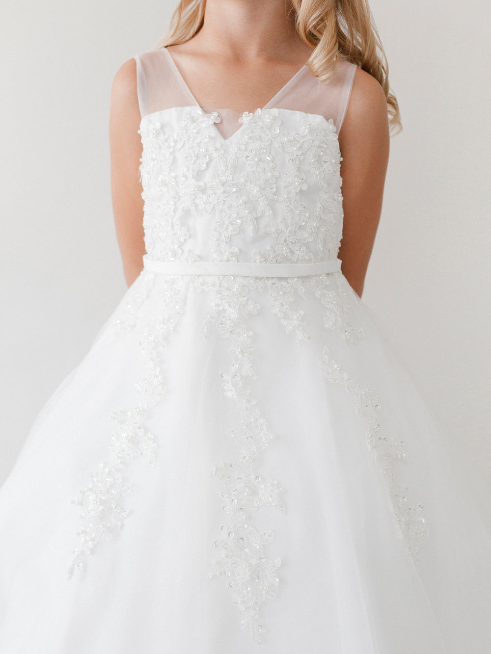 Ivory_2 Girl Dress with Lace V-Neckline Bodice - AS5719