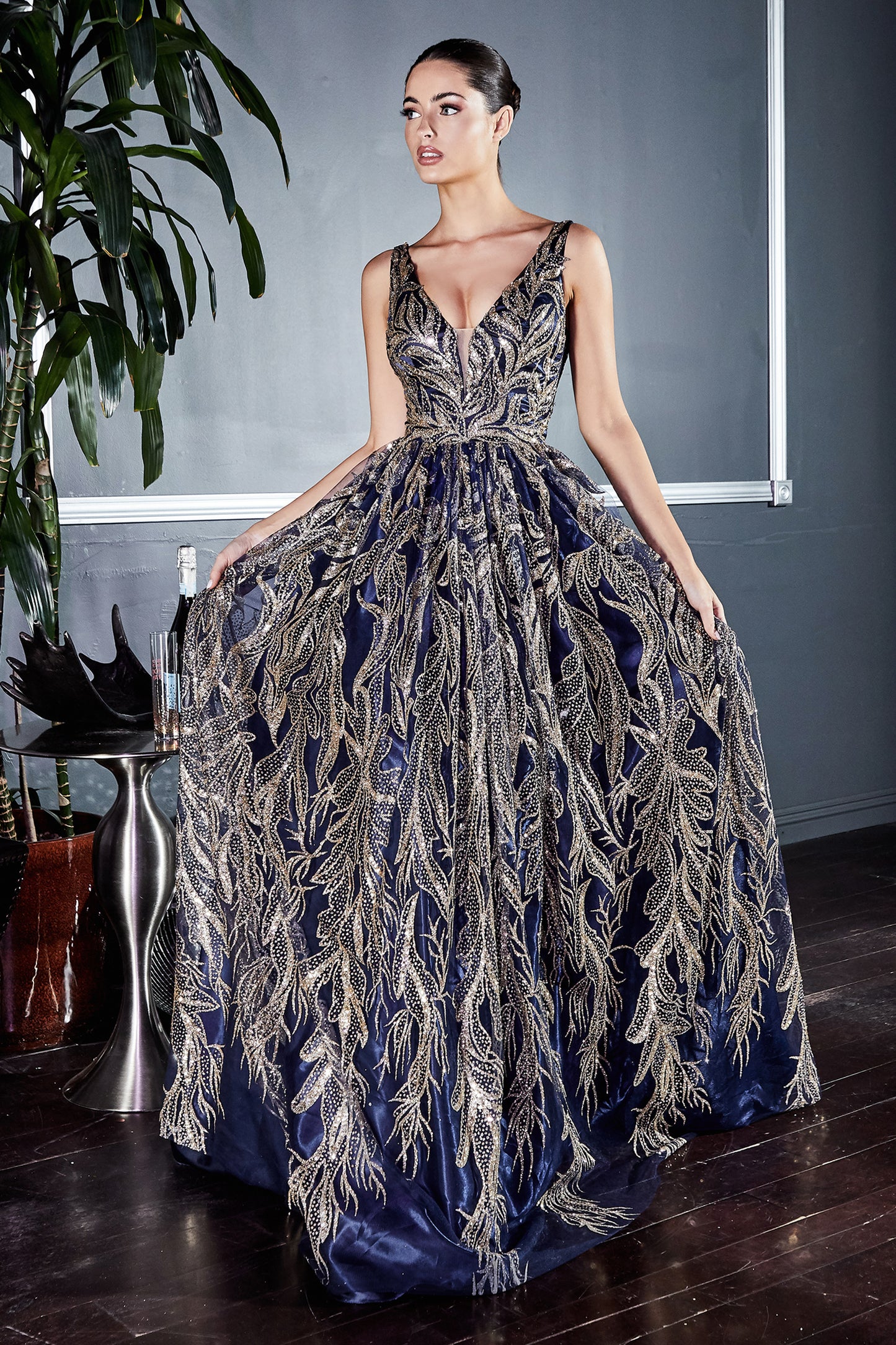 Floral Glitter Print Ball Gown by Cinderella Divine - J812 - Special Occasion/Curves