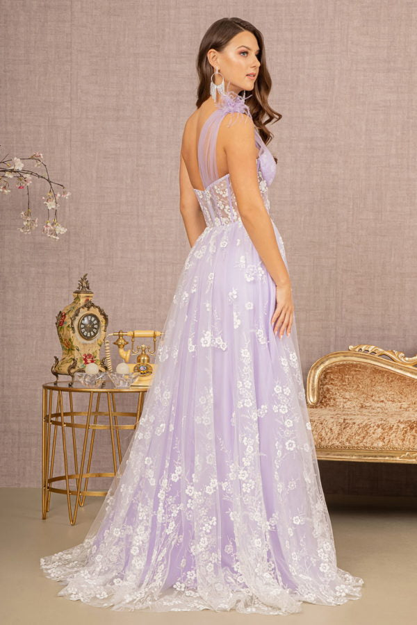 Lavender_1 Feather Sheer Bodice A-line Dress GL3134 - Women Formal Dress - Special Occasion-Curves