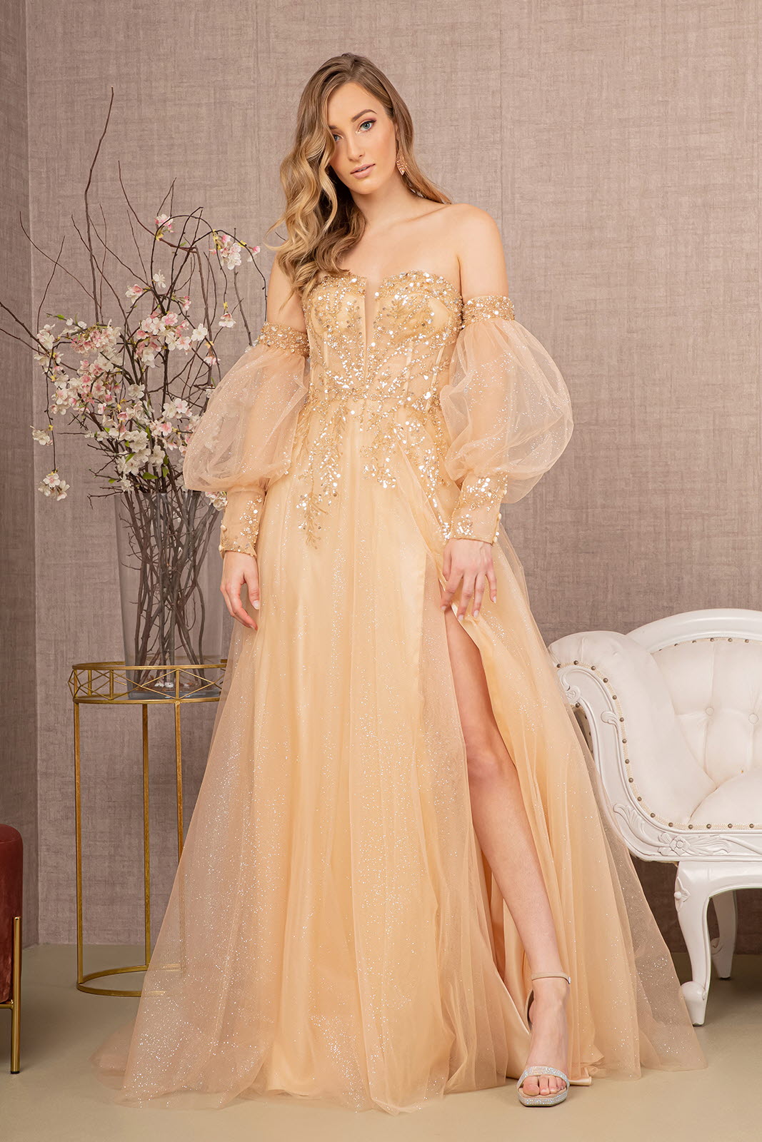 Light Gold Sequin Sheer Bodice Sweetheart A-Line Dress GL3118 - Women Formal Dress -Special Occasion-Curves