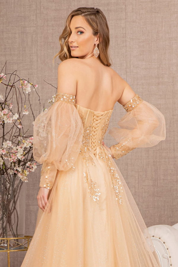 Light Gold_4 Sequin Sheer Bodice Sweetheart A-Line Dress GL3118 - Women Formal Dress -Special Occasion-Curves