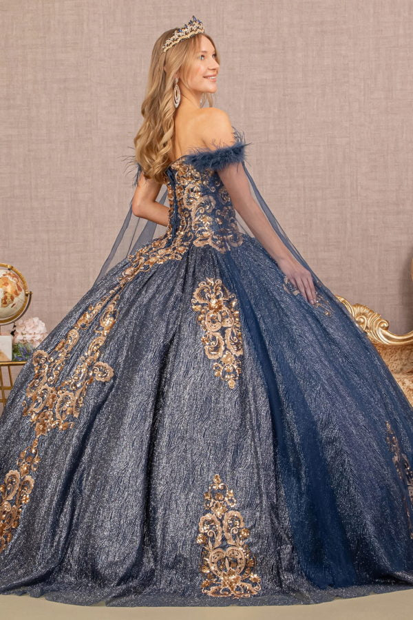 Navy_1 Feather Sequin Sweetheart Neckline Quinceanera Dress - GL3107