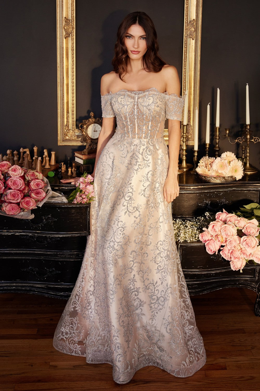 Platinum Off Shoulder Glitter A-Line Gown J835 - Women Evening Formal Gown - Special Occasion-Curves