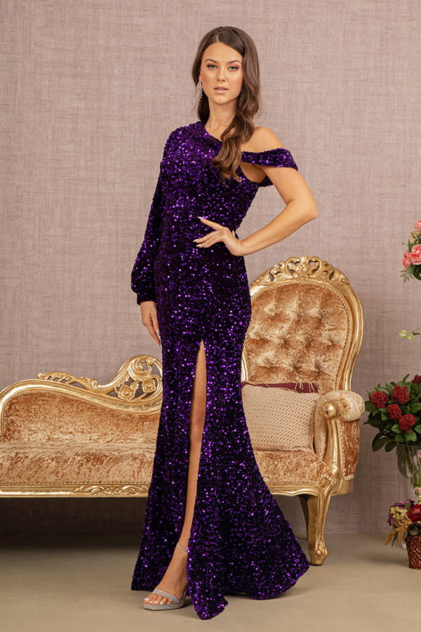 Purple_2 Sequin Asymmetric Velvet Mermaid Dress - GL3159 - Special Occasion-Curves