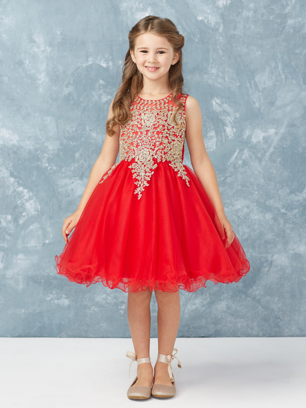 Red Girl Dress with Floral Applique Bodice - AS7013