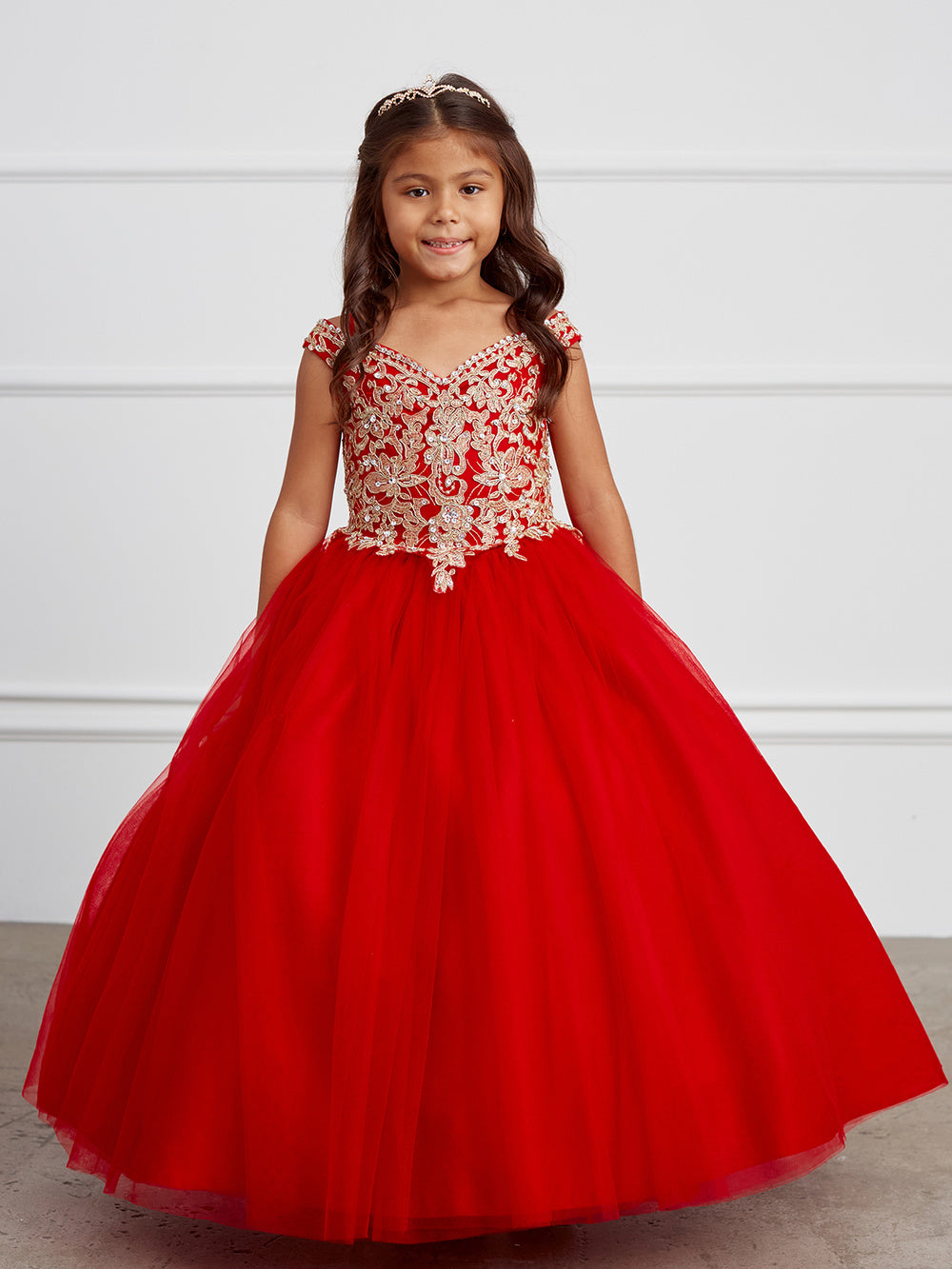 Red Girl Dress with Off-Shoulder Lace Bodice - AS7024