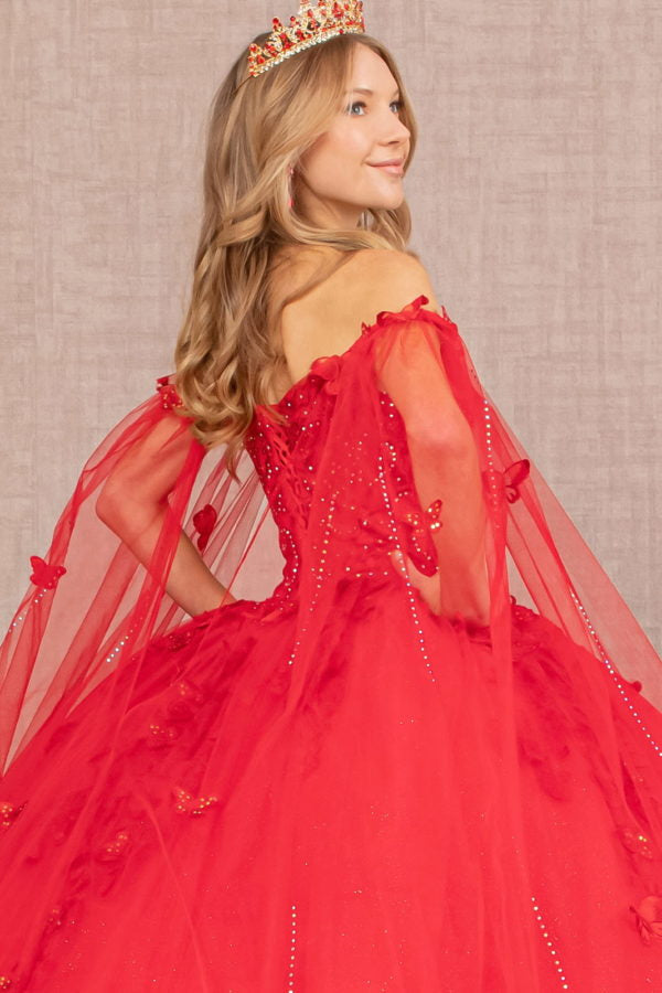 Red_3 GL3110 - Butterfly Applique Glitter Quinceanera Dress