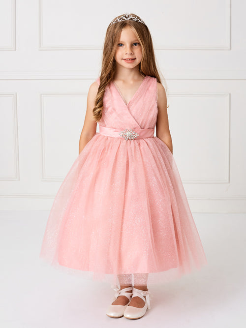 Rose Gold Girl Dress with Glitter V-Neck Tulle Dress - AS5698