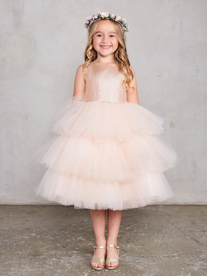 Rose Gold Girl Dress with Metallic Glitter Bodice Tulle Skirt Dress - AS5790