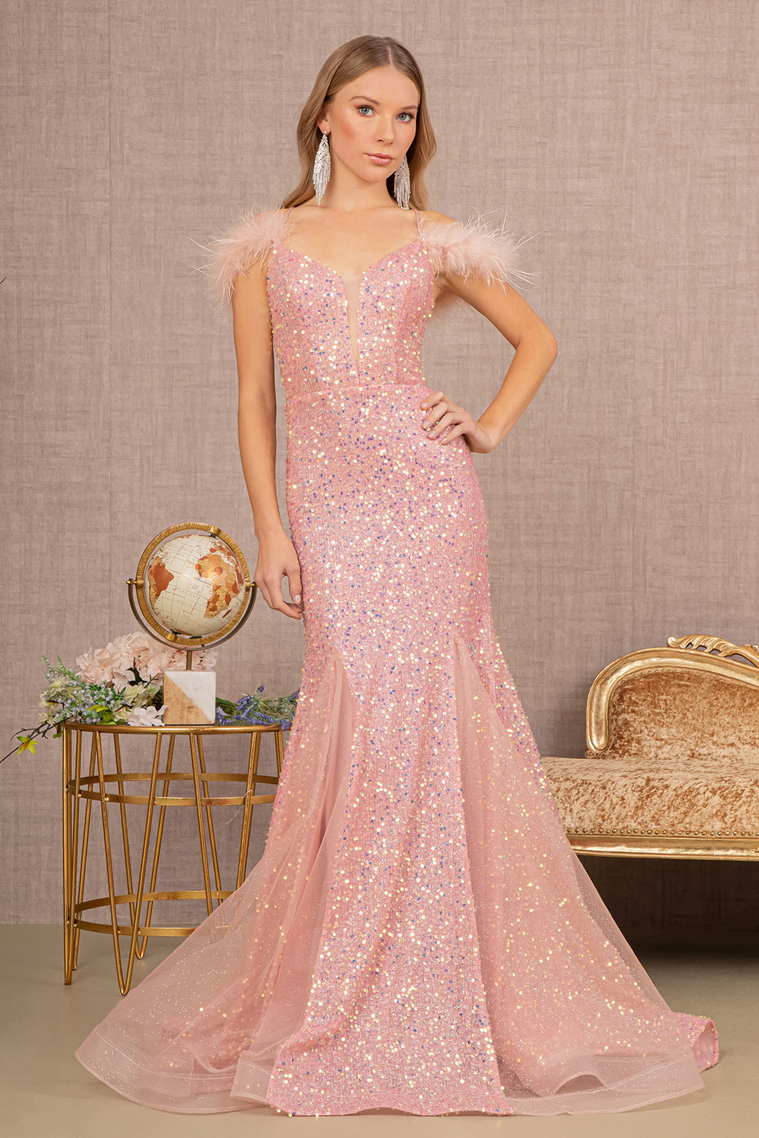 Rose Gold Sheer Bodice Glitter Trumpet Dress GL3130 - Women Formal Dress - Special Occasion-Curves